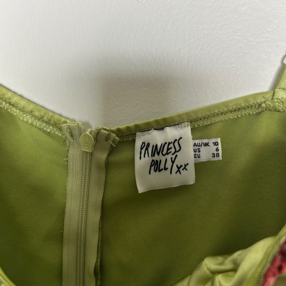 Princess Polly Mini Dress Womens 6 Lime Green Satin Floral Embroidered Bustier - Picture 6 of 8
